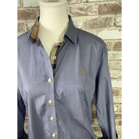 Burberry Blue Button Down Shirt with Check Accents - Picture 2 of 13